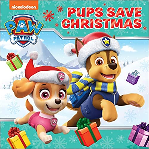 Libro de la Patrulla canina Pups save Christmas. En la portada salen dos perros con gorros de Santa Claus y rodeados de regalos. 