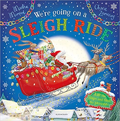Portada del cuento We're going on a sleigh ride. Aparece Santa Claus volando con su trineo.