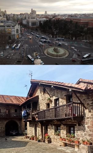 Dos imágenes. En la de arriba vista de la plaza Cibeles en Madrid. En la de abajo casona típica de un pueblo cántabro